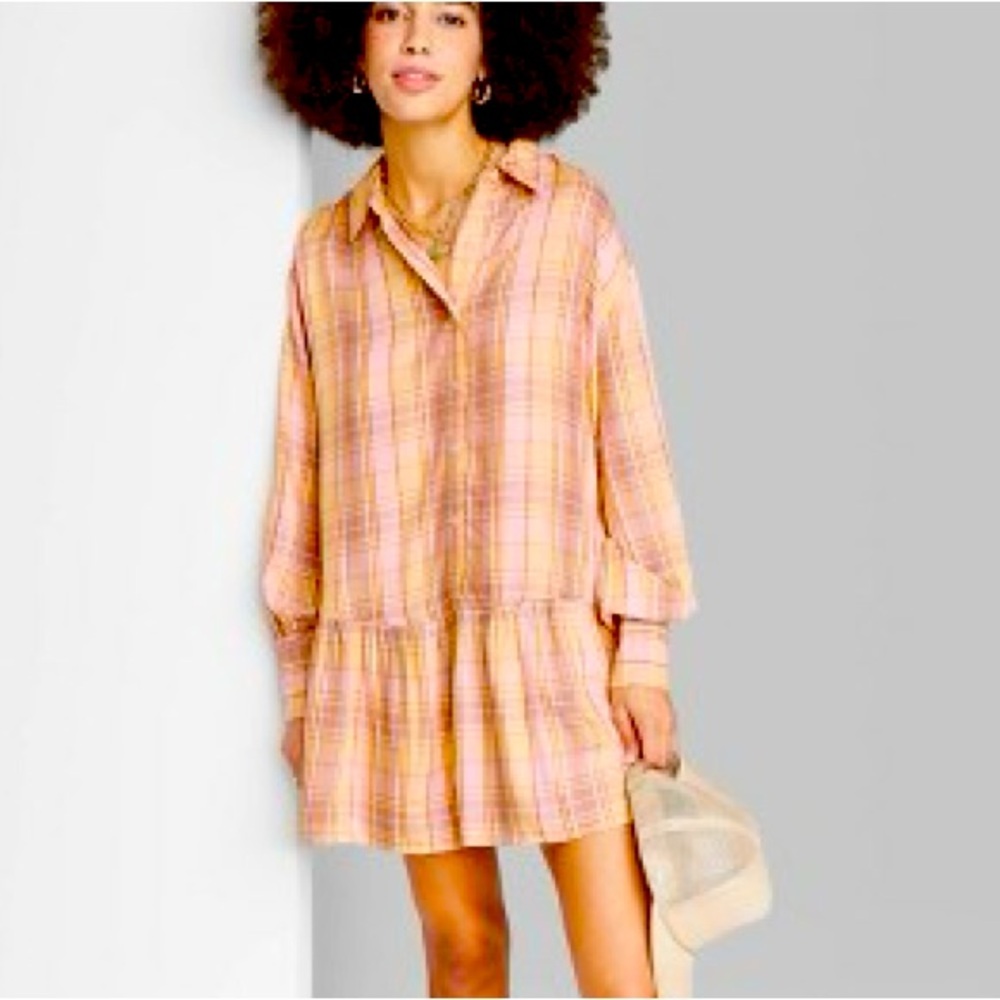Long Sleeve Graphic Peplum Plaid Shirt Dress